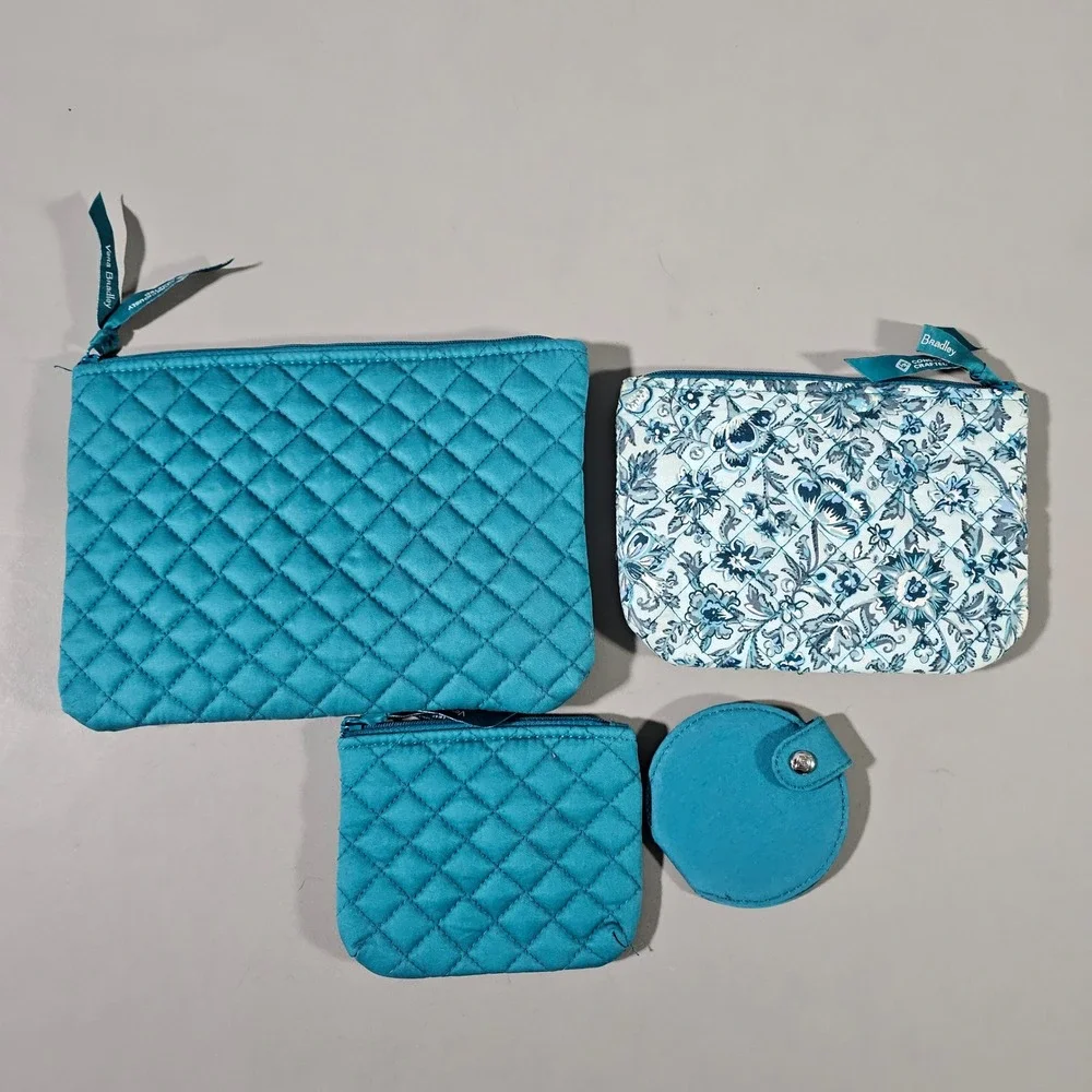 Vera Bradley Cosmetic Pouch Set Womens OS Teal Quilted Floral 4 Piece Travel Set